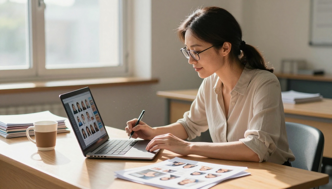 A teacher designing a yearbook layout at her classroom desk