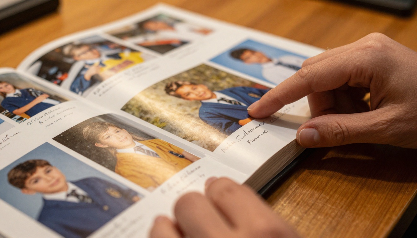 Close-up of hands turning pages of a school photo album