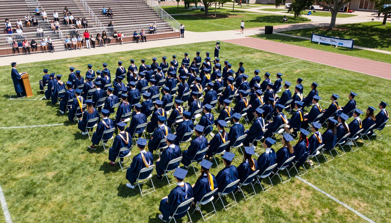 A graduation ceremony photographed from above on a sunny campus