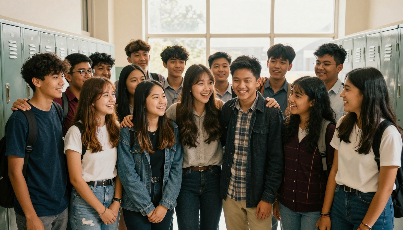 Group of diverse high school students laughing together in a school hallway