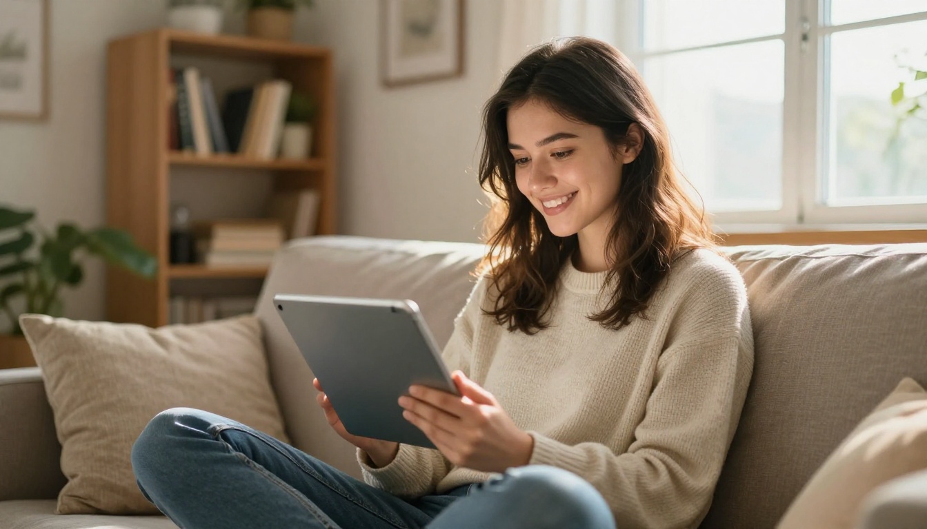 Young woman smiling while browsing a digital flipbook on a tablet at home