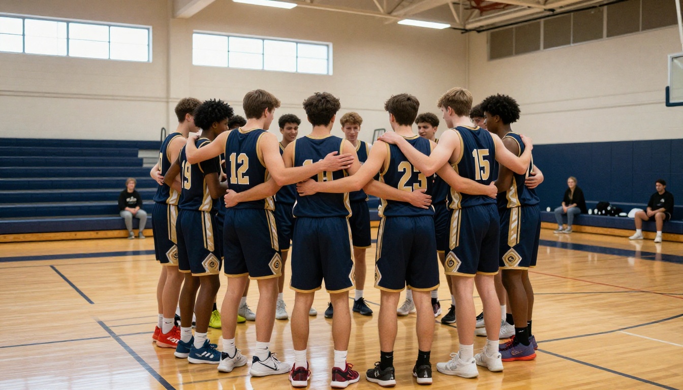 High school basketball team celebrating together in the gymnasium