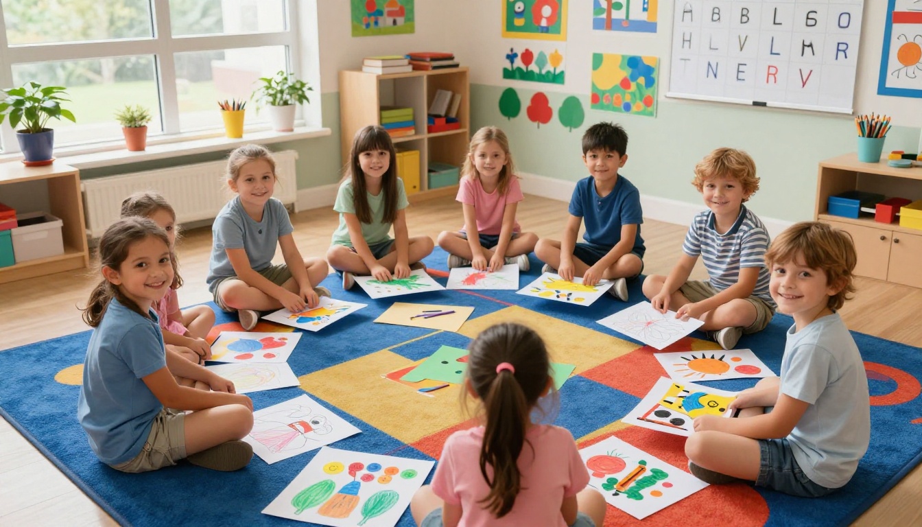 Young elementary school children showing off their artwork in a colorful classroom