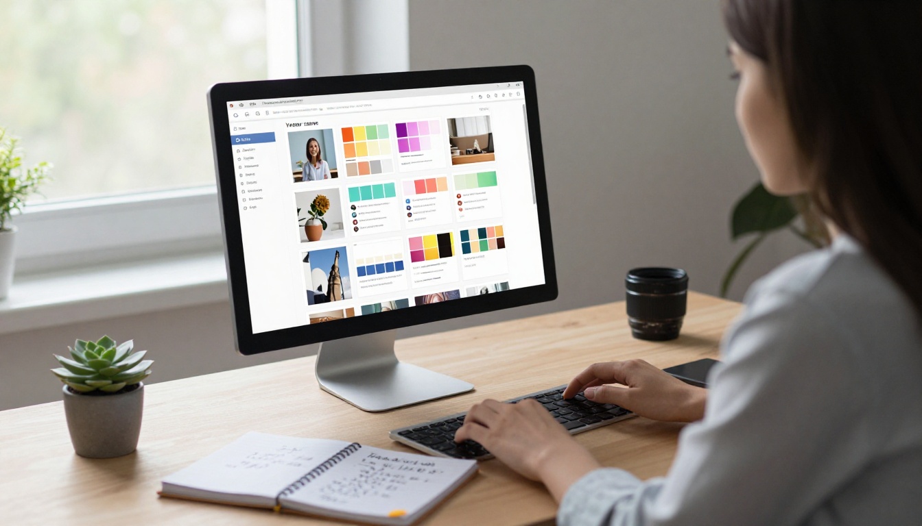 A designer working at a desk with a yearbook layout visible on a large monitor