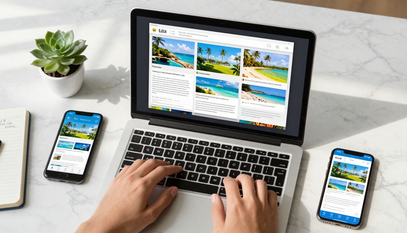Digital flipbook open on laptop displaying colorful travel brochure pages on marble desk
