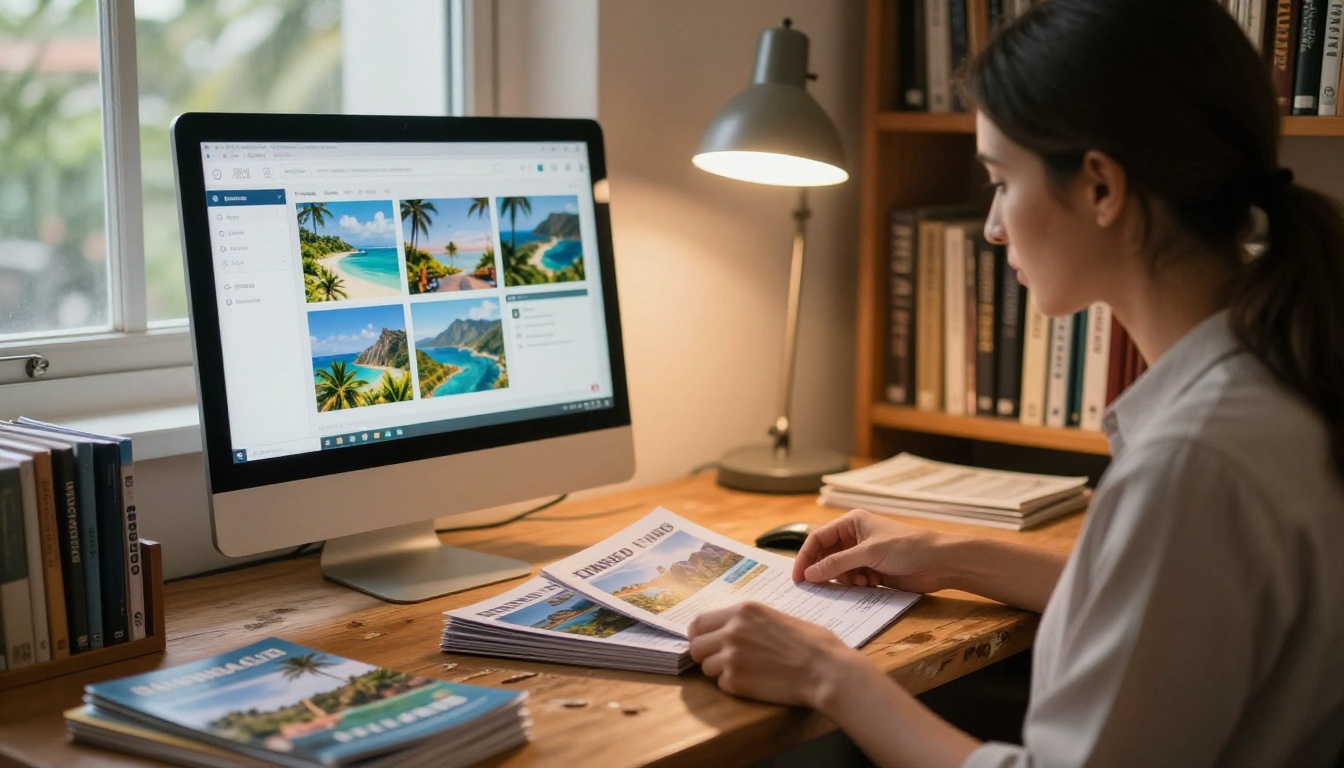 Travel agency professional organizing brochures beside monitor showing PDF upload interface