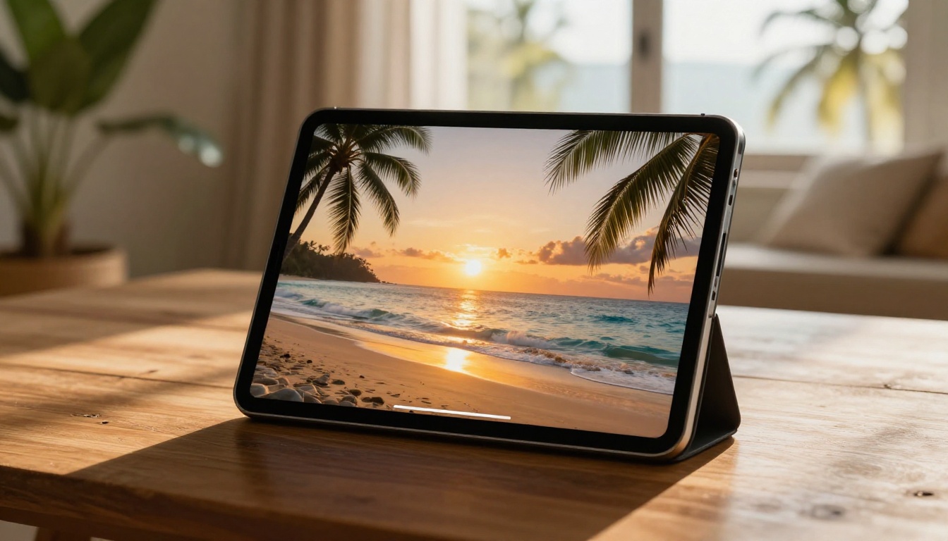 Tablet propped on wooden table displaying tropical travel flipbook with page-turn effect