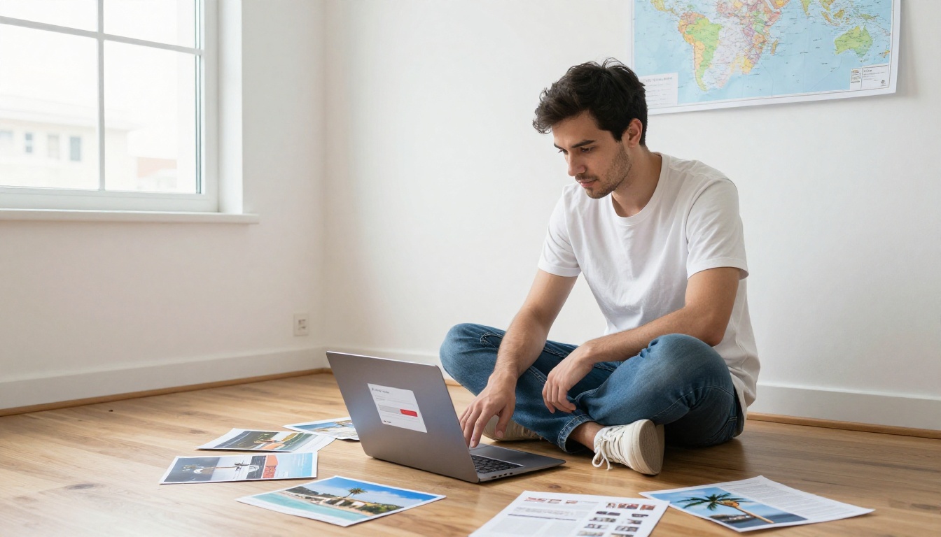 Young man sitting on apartment floor with laptop uploading travel brochure PDF to flipbook platform