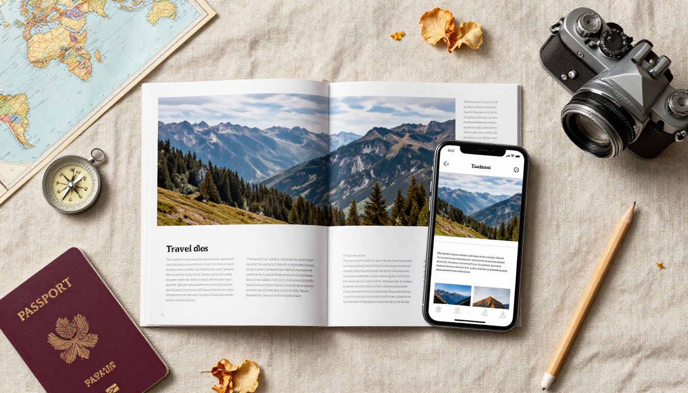 Flat lay of open travel brochure beside smartphone displaying digital flipbook version