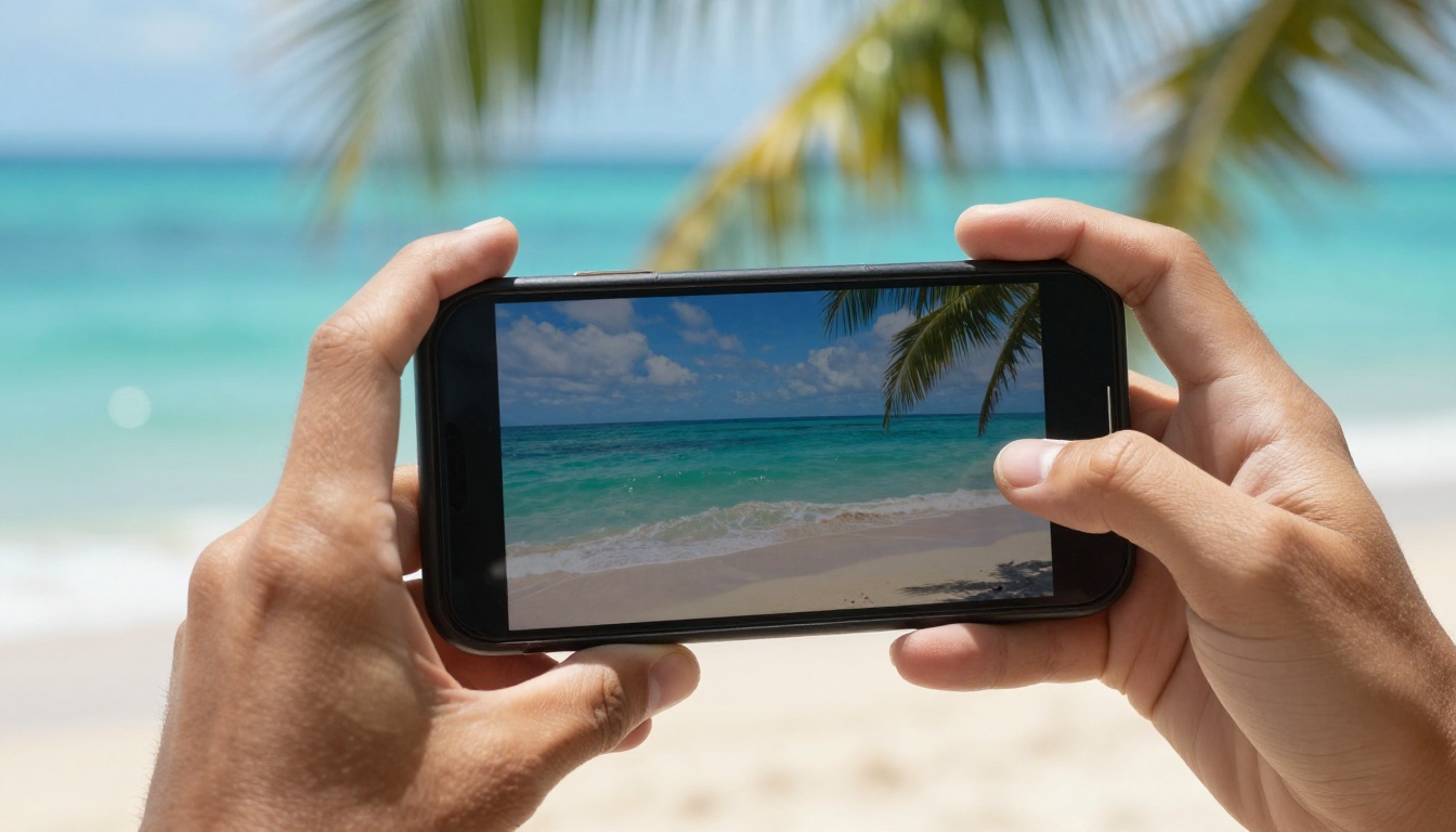 Hands holding smartphone displaying beach travel flipbook with turquoise ocean in background