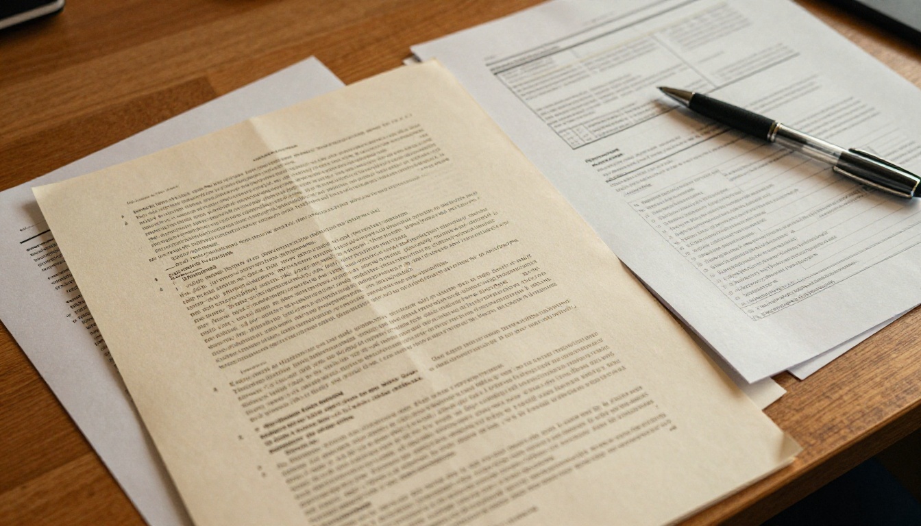 Static PDF documents spread flat on a wooden desk, dense with text and static charts
