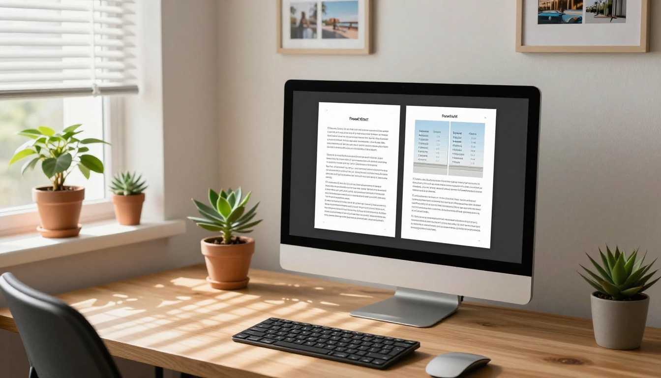 Modern home office with monitor showing PDF versus digital flipbook comparison side by side