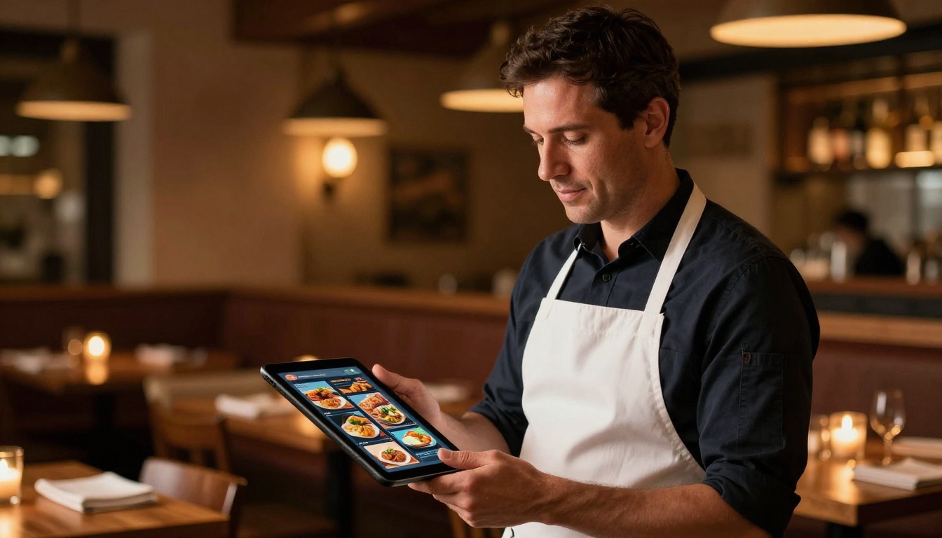 Restaurant owner holding a tablet displaying a digital menu flipbook in a warmly lit restaurant interior