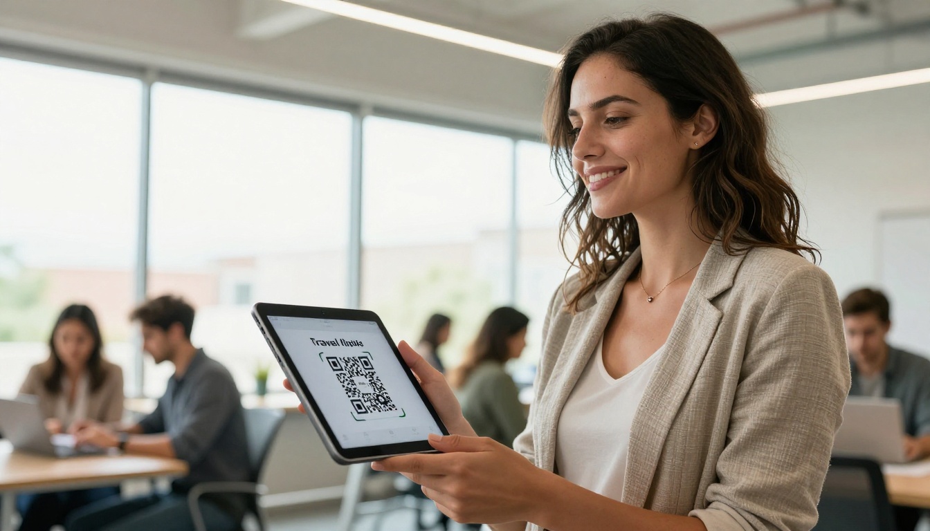 Woman holding tablet with travel flipbook QR code shareable in coworking space