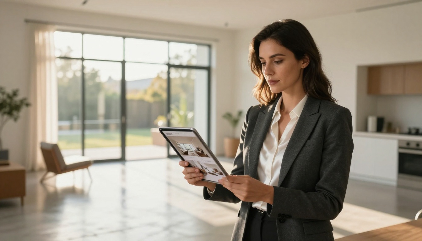 Real estate agent showing a property brochure flipbook on a tablet inside a bright open-plan home