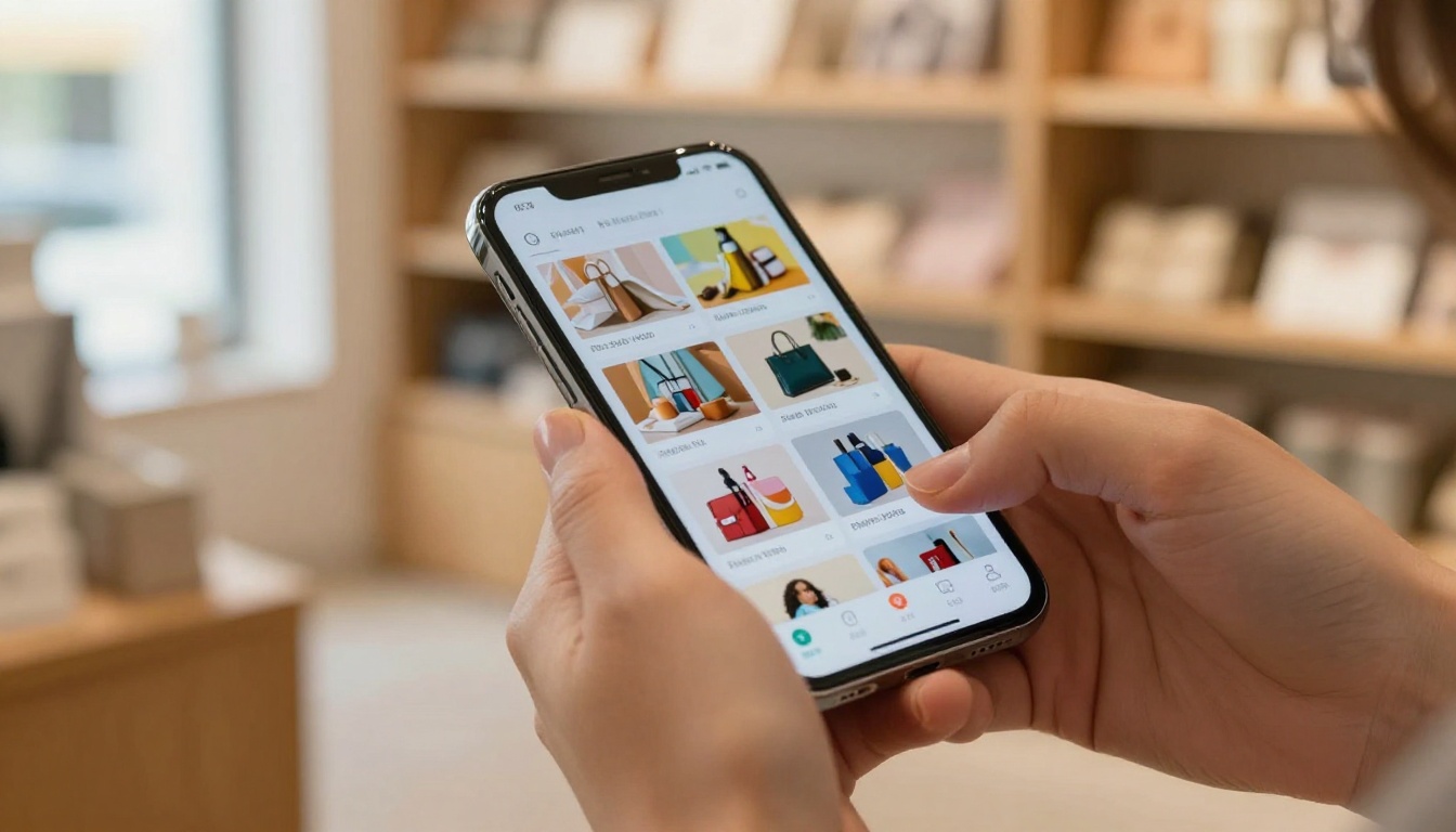 Hands holding a smartphone showing a colorful retail product catalog flipbook in a boutique store