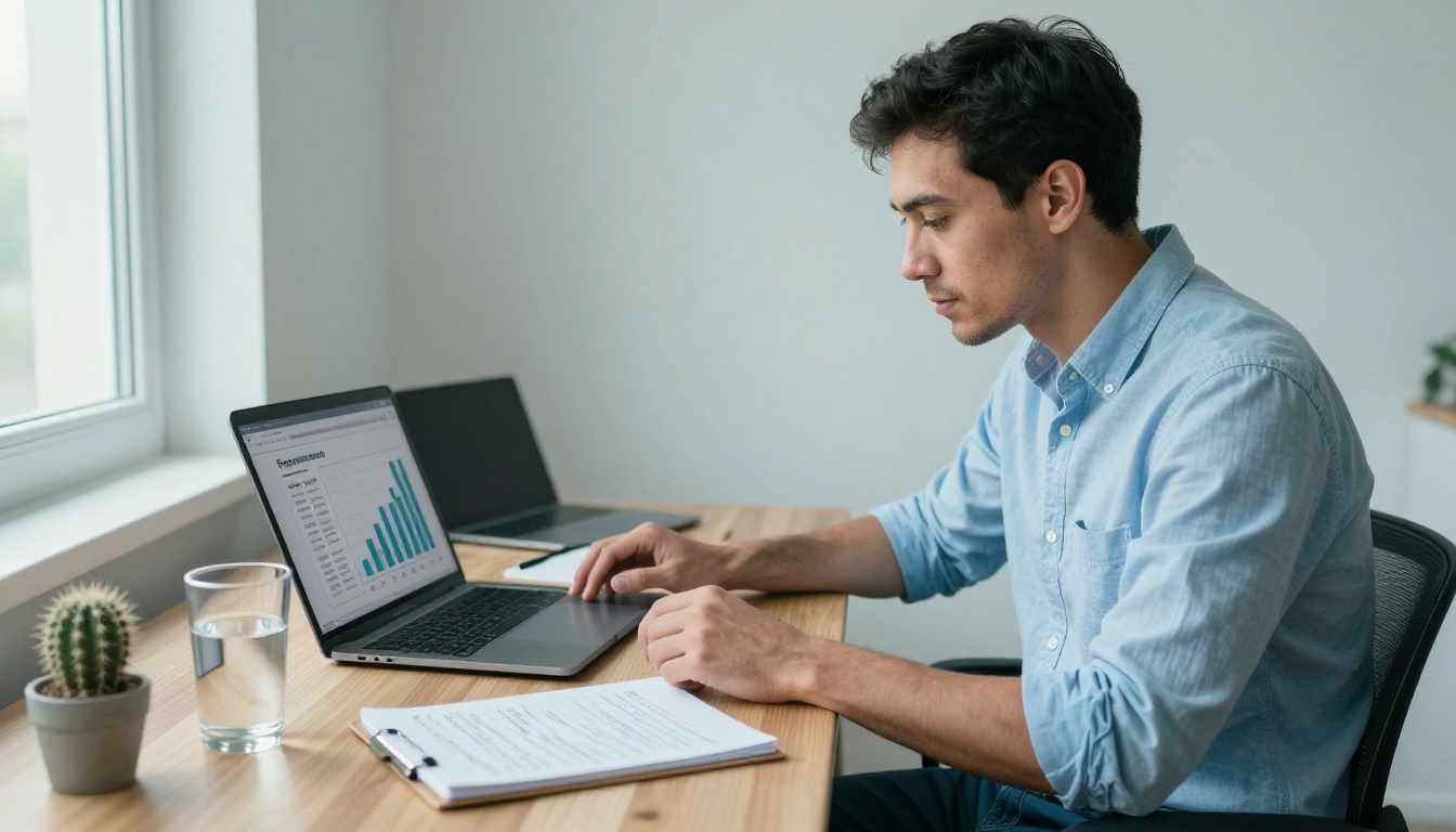 Small business owner reviewing flipbook analytics on a laptop at a home office desk