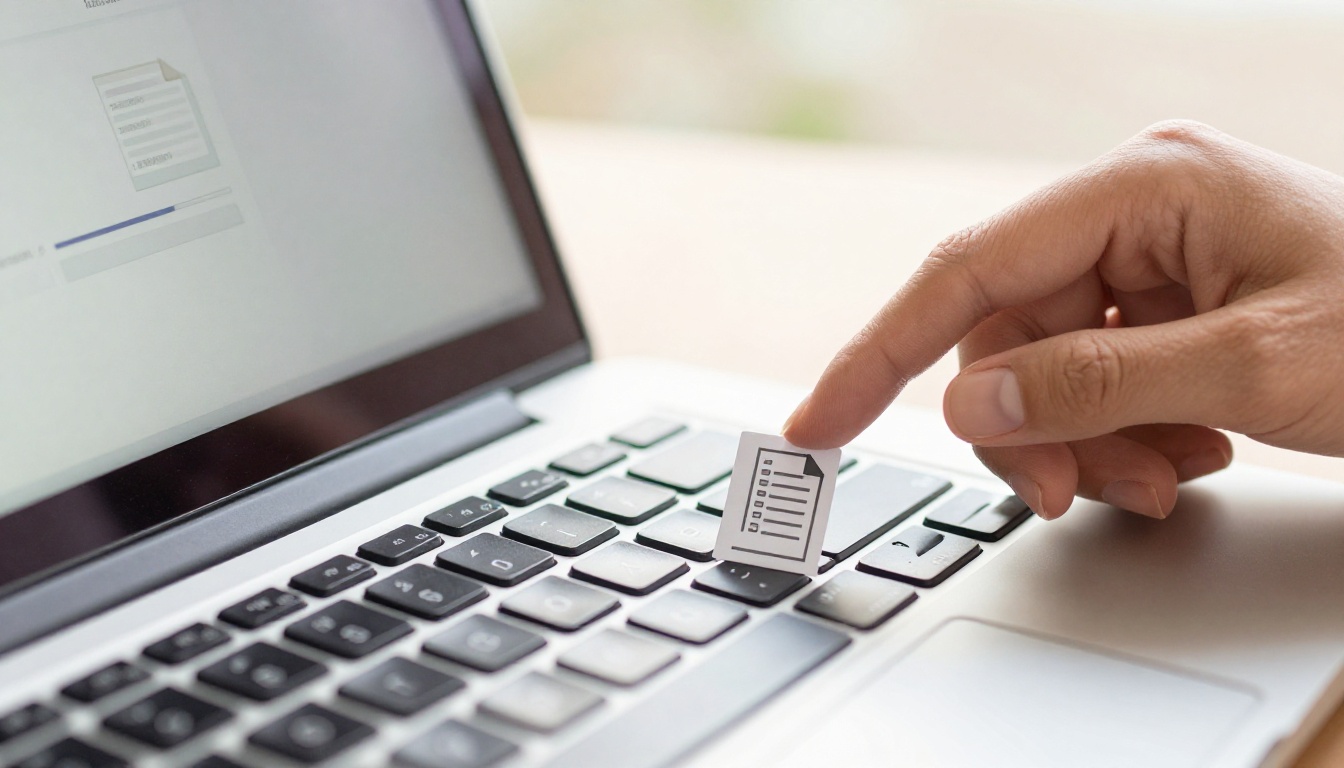 Hands placing a PDF file into a laptop upload interface in a bright workspace