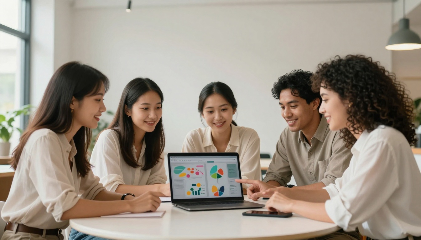 A team of three professionals in a co-working space reviewing a digital flipbook together on a laptop