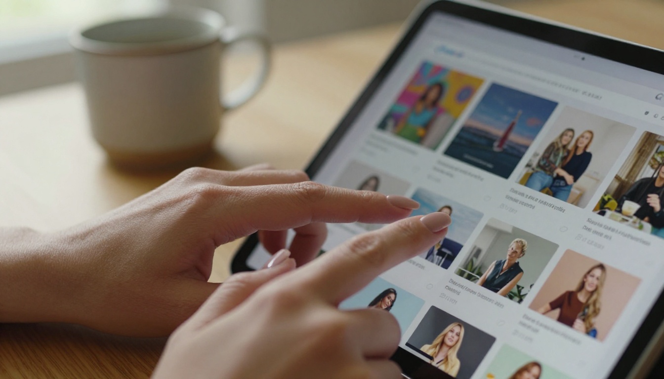 Hands scrolling through Canva design templates on a tablet with morning light