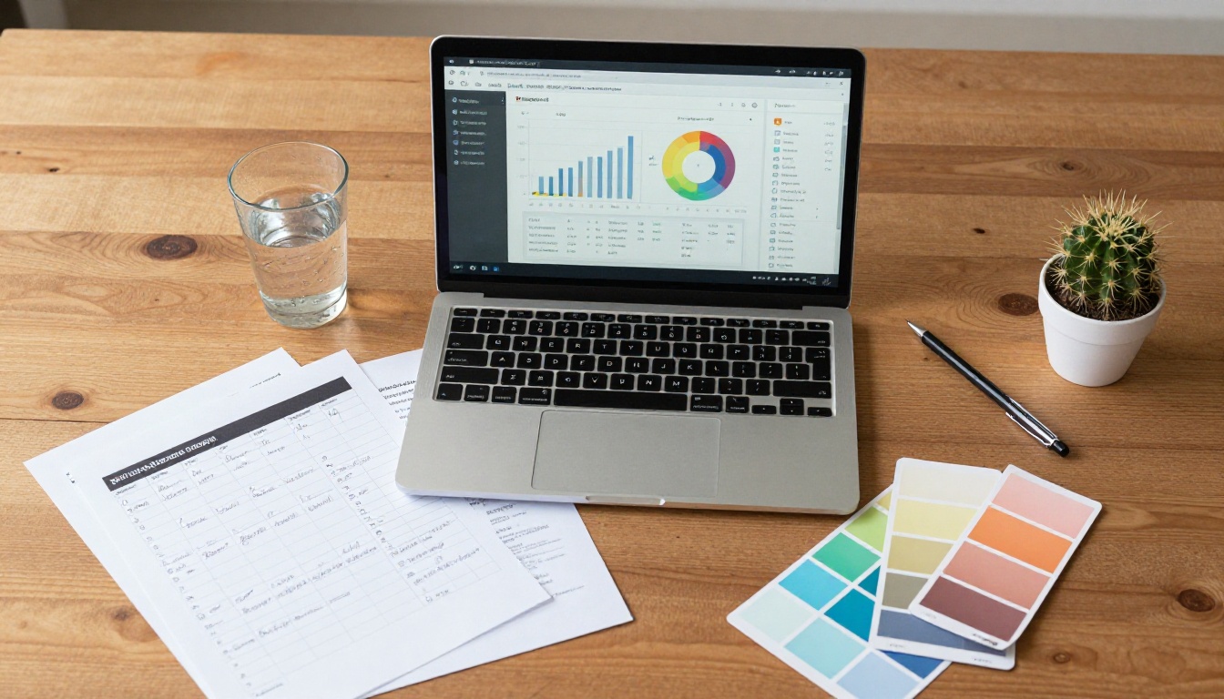 Aerial flat-lay of a social media marketing workspace with laptop analytics and content calendar