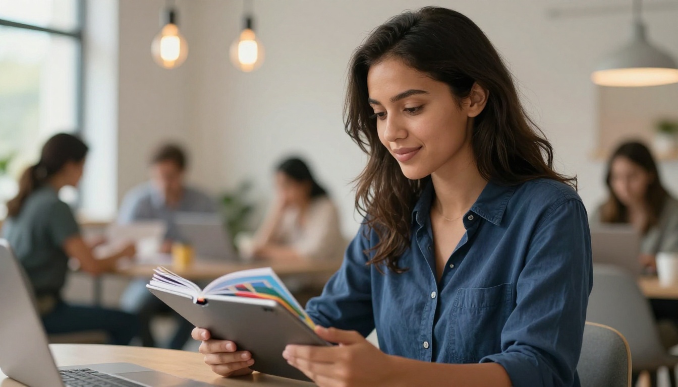 Young woman holding tablet displaying open digital flipbook in bright co-working space
