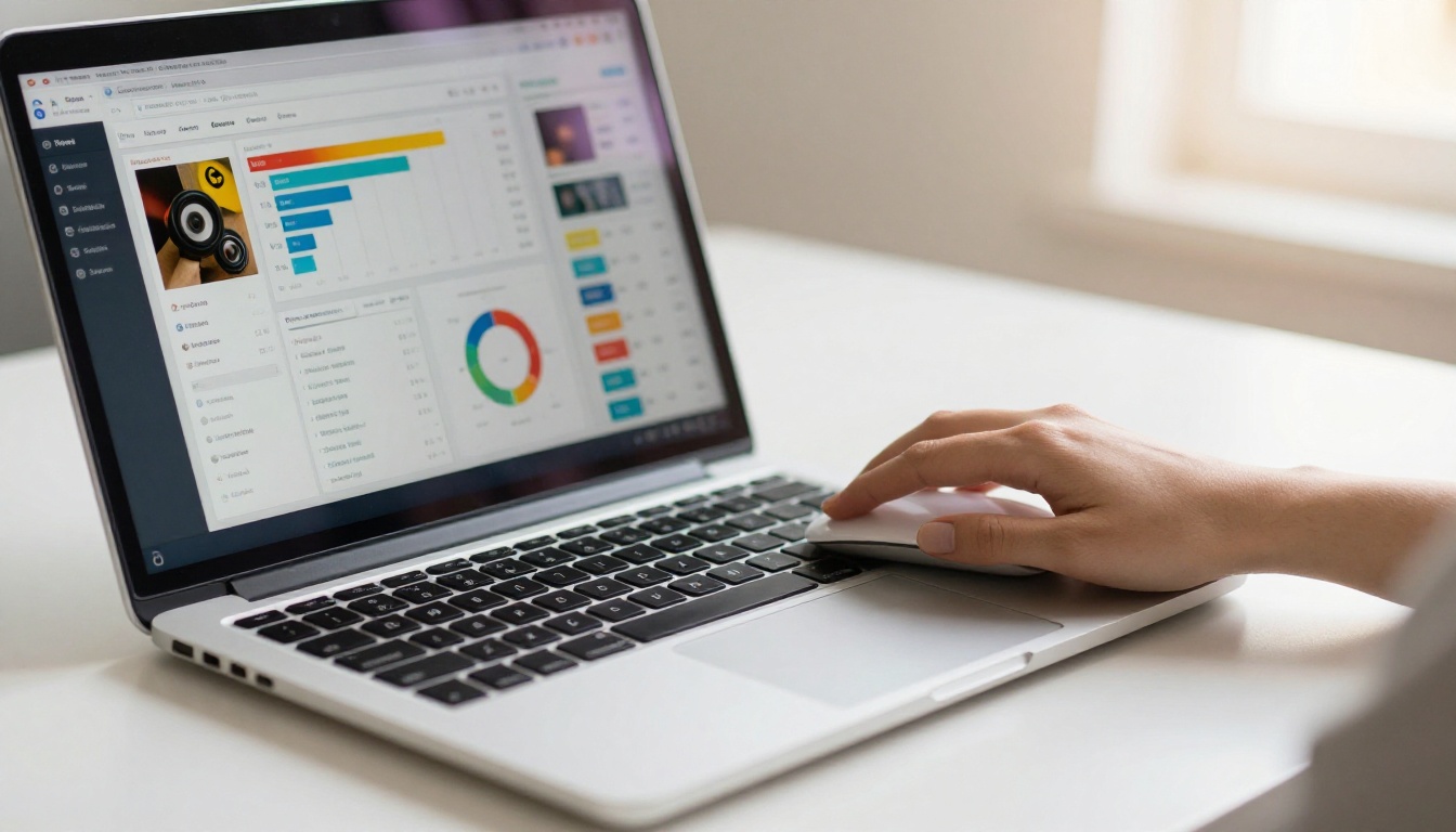 Social media content analytics dashboard on laptop with hand on mouse