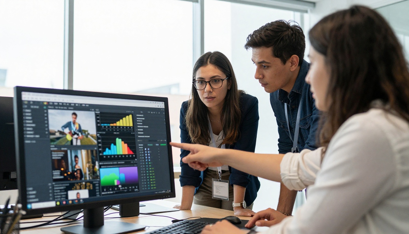 Diverse marketing team reviewing content analytics on large monitor in bright modern office