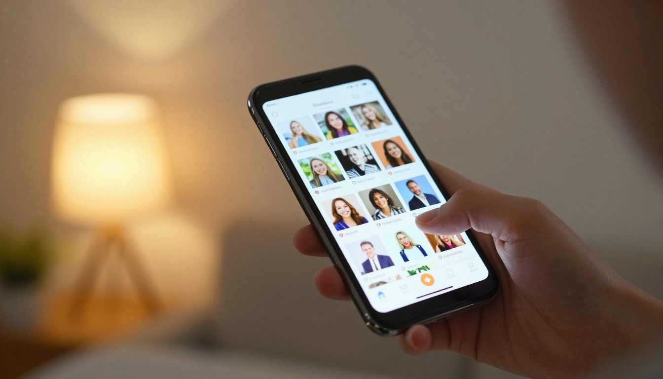 Hand holding smartphone with interactive flipbook open on social media feed in warm living room