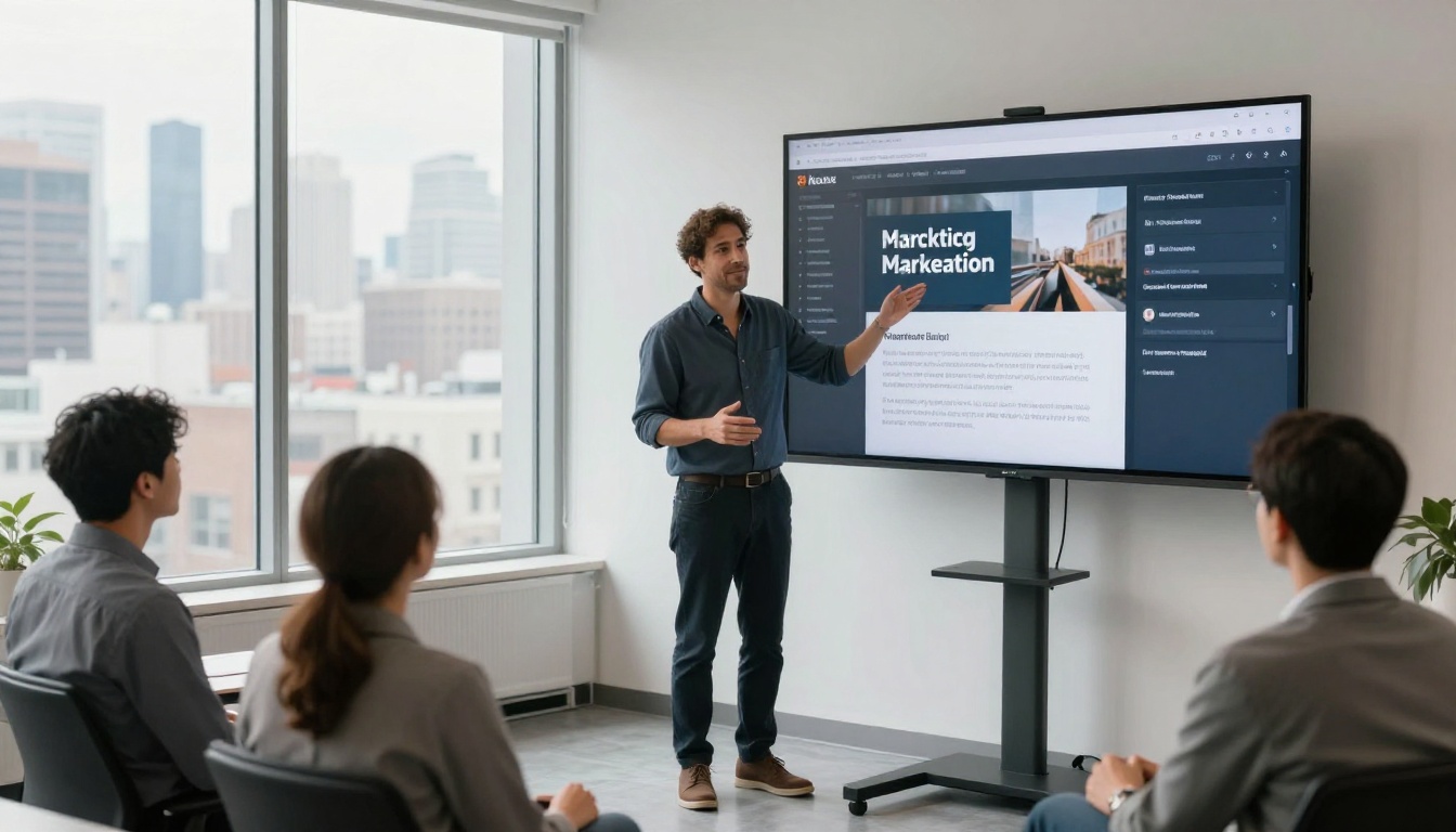 Marketing professional presenting digital content on wall monitor to seated colleagues with city view behind