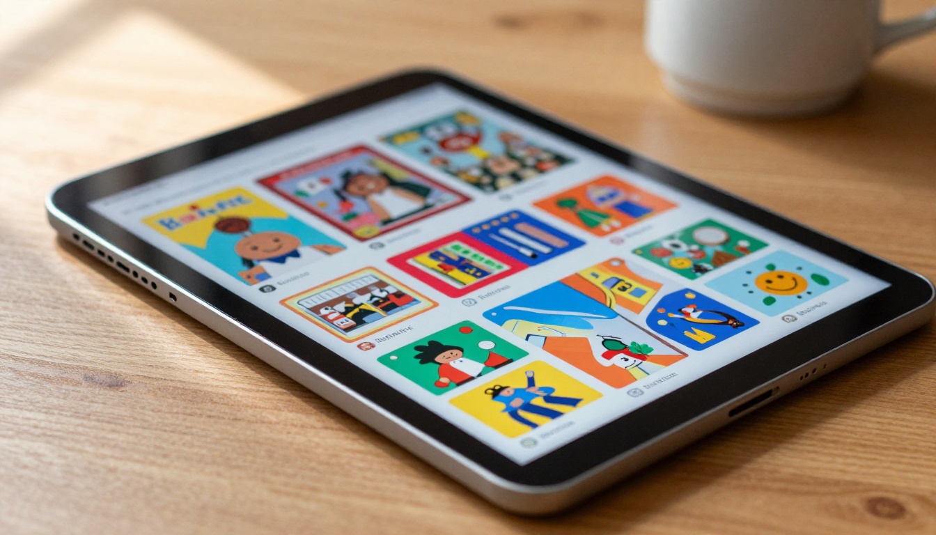 Tablet lying on oak table showing colorful flipbook pages mid-turn with warm morning light