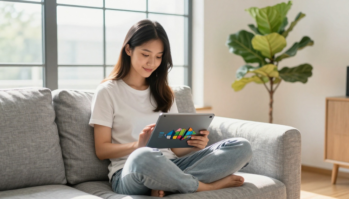 A young professional woman reading an interactive flipbook on a tablet while relaxing on a modern grey sofa