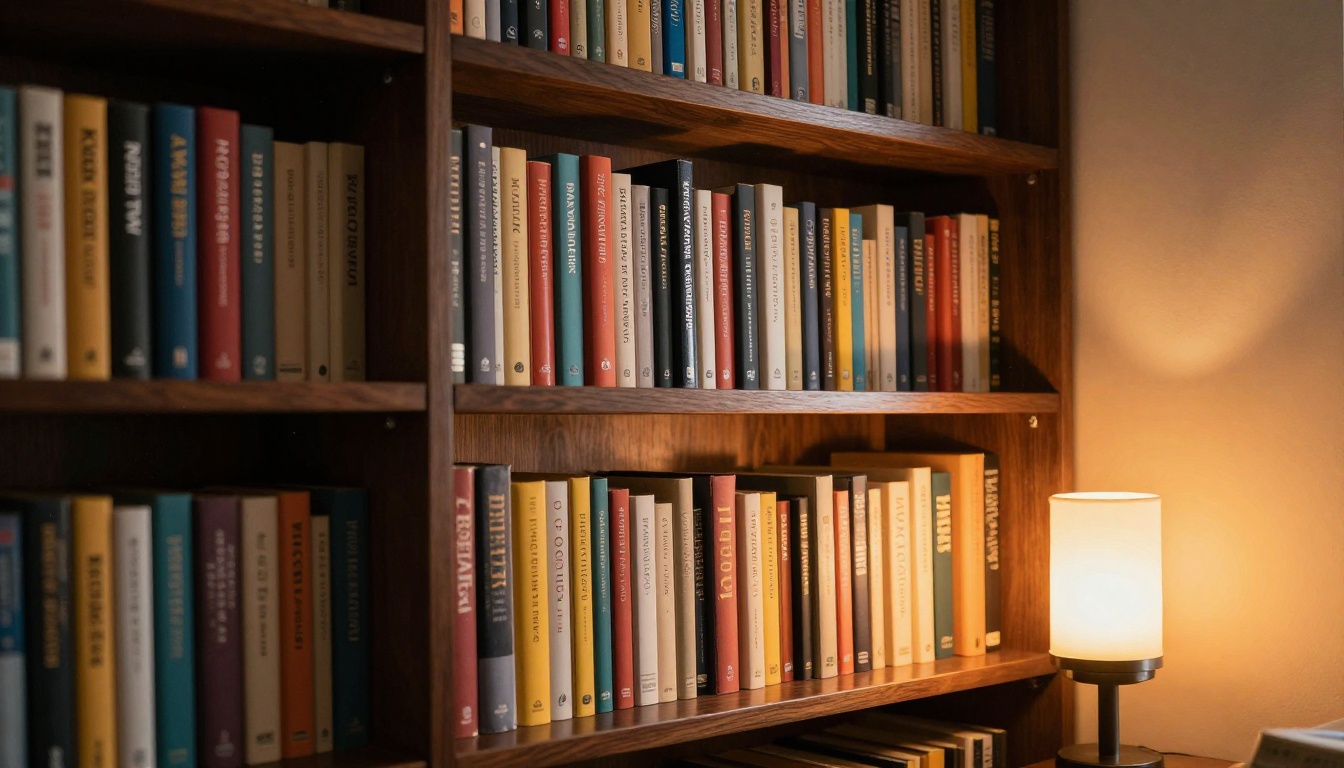 A warm home library bookshelf filled with colorful book spines, lit by an ambient incandescent reading lamp