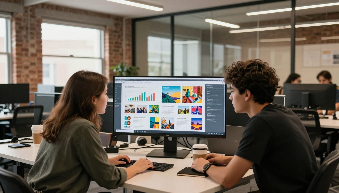 Two professionals reviewing newsletter analytics on office monitor