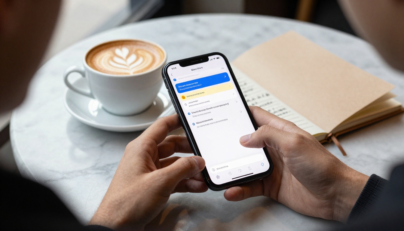 A person at a marble café table sharing a flipbook link from their smartphone with a cappuccino and open notebook nearby