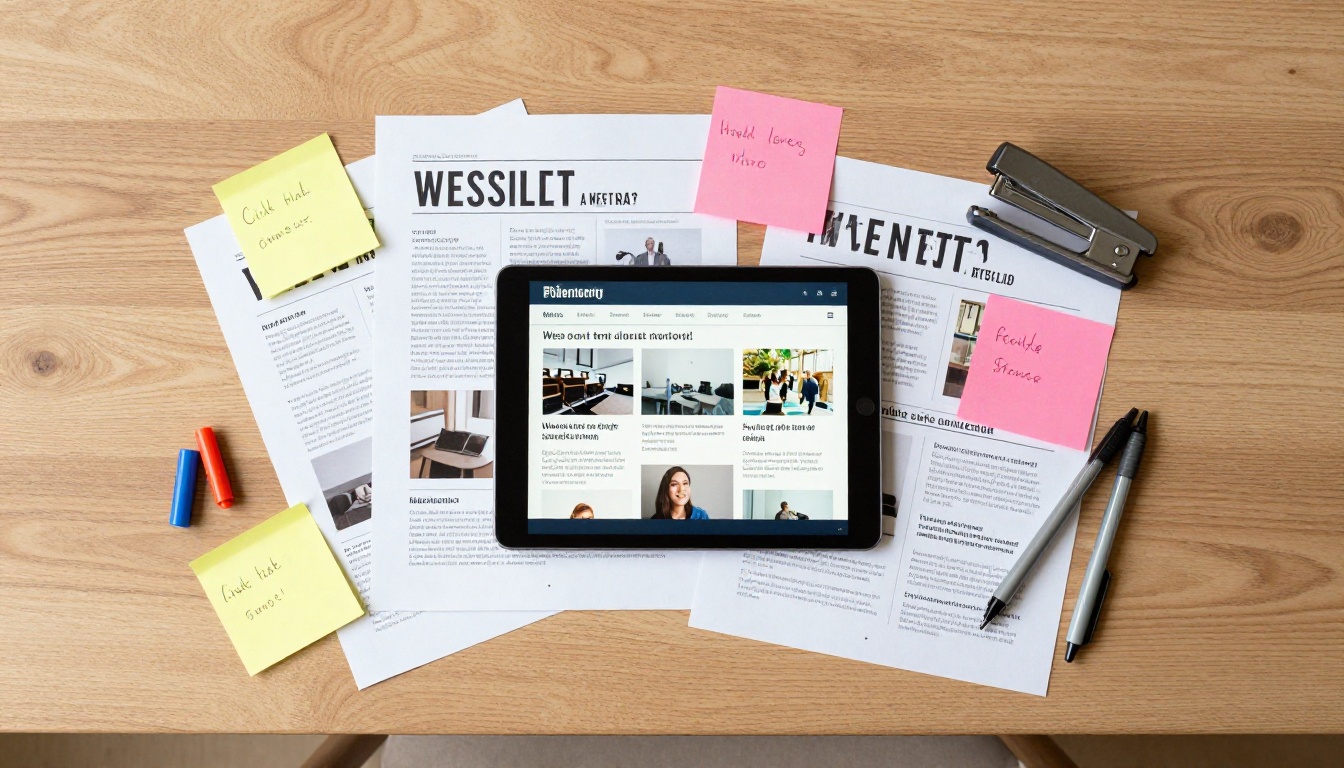 Overhead flat lay of newsletter drafts, tablet, and design tools on wooden desk