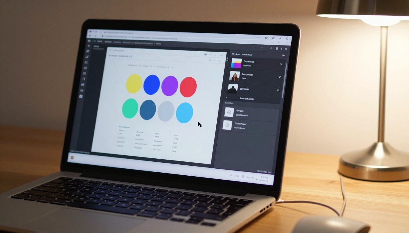 Laptop screen showing a digital publishing customization interface with brand color swatches being selected by a cursor