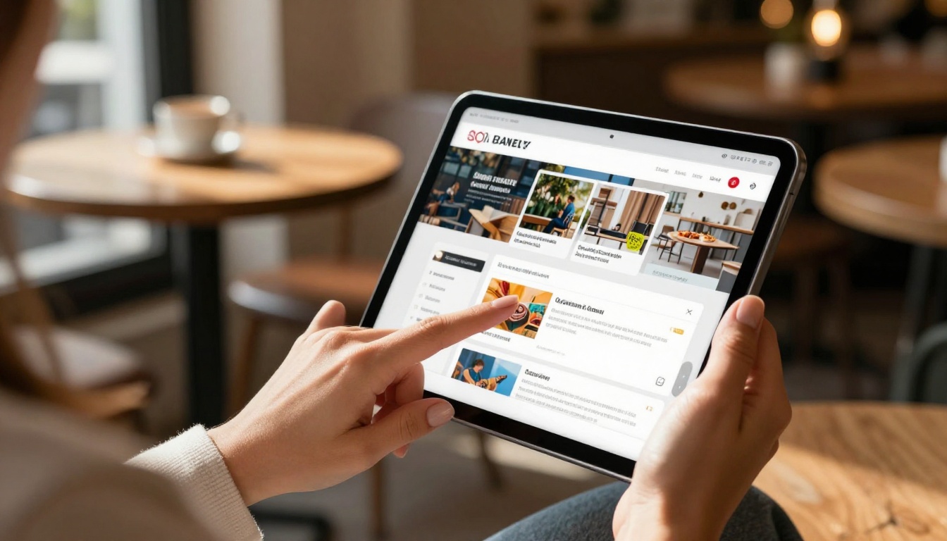 Woman holding tablet with interactive newsletter in cafe setting