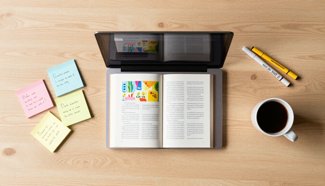 Aerial flat-lay overhead shot of a creative workspace with a laptop showing a digital flipbook alongside books, sticky notes, and a coffee mug