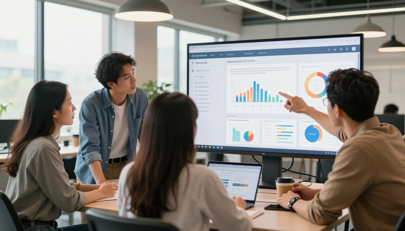 Marketing team analyzing newsletter performance metrics on large wall monitor
