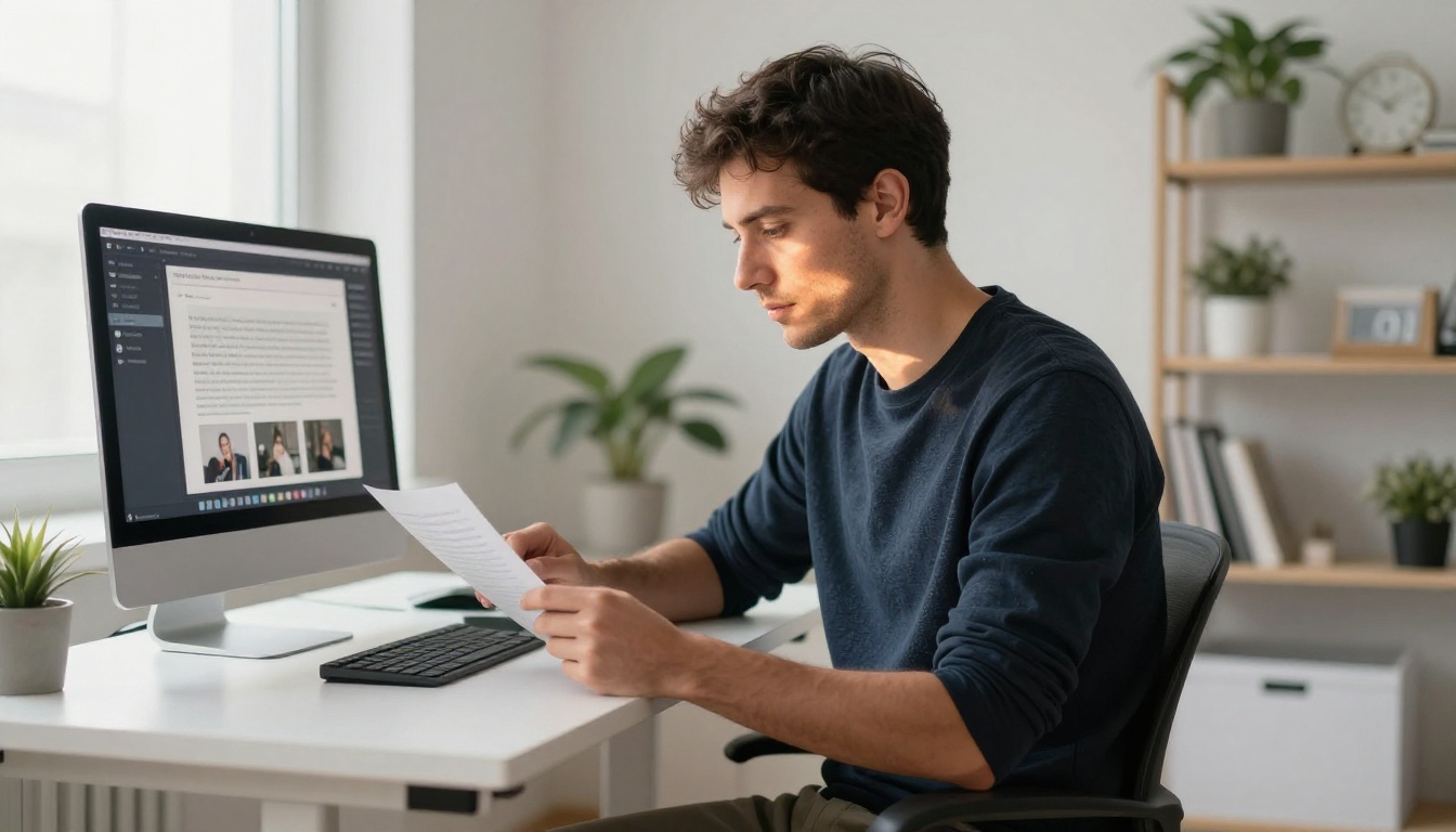 A focused man at a standing desk in a bright minimalist office reviewing a digital ebook publishing interface on a large monitor