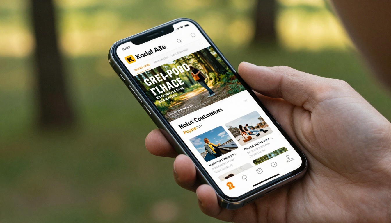 Mobile phone displaying interactive newsletter in outdoor park setting