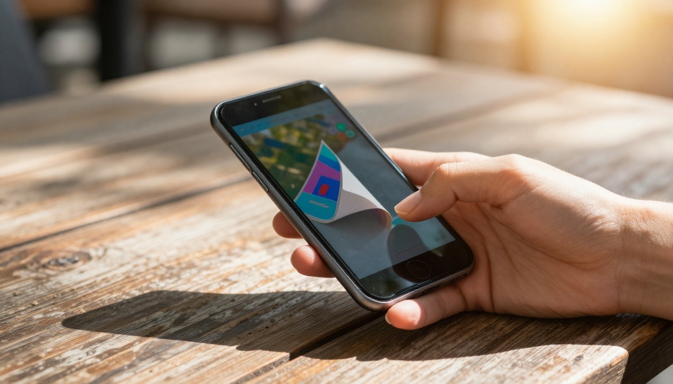 A woman's hand holding a smartphone in landscape orientation displaying a colorful flipbook mid-page-turn in bright outdoor sunlight