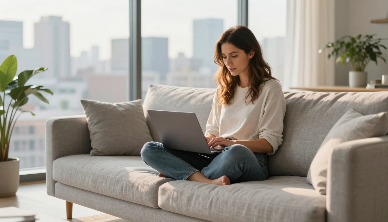 Creative professional working on newsletter design on sofa in modern living room