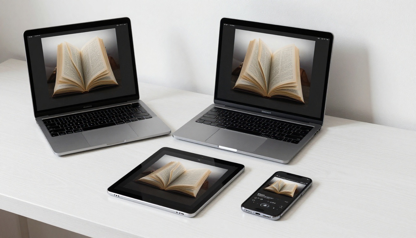 A MacBook, iPad, and smartphone on a white oak desk all displaying the same digital flipbook at different stages of a page-turn, showing cross-device compatibility