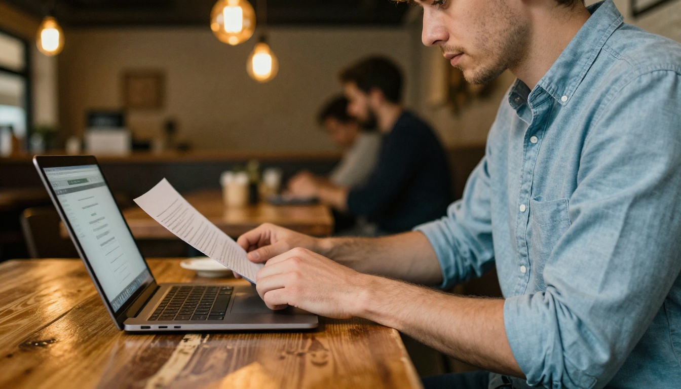 Person uploading a document on a laptop at a warm coffee shop with Edison bulb lighting