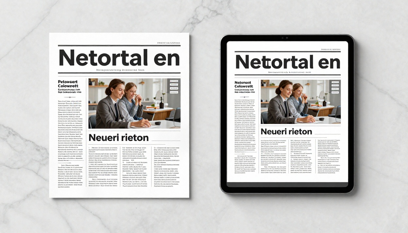 Printed newsletter versus digital interactive flipbook side-by-side comparison on marble surface