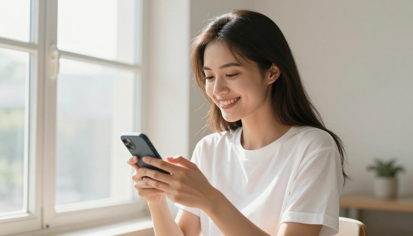 Smiling young woman holding smartphone near bright window, viewing digital publication with genuine delight