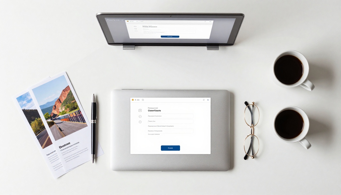 Overhead aerial flat-lay of clean white desk with open laptop, brochure, pen, and espresso cup