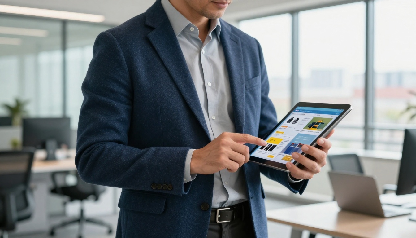Business professional in navy blazer reviewing digital product catalog on tablet in glass-walled office